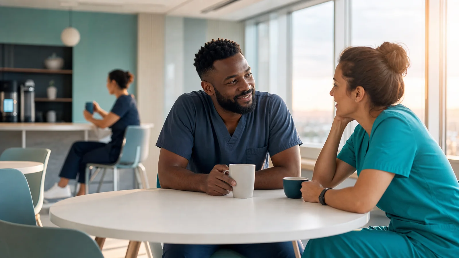 Two healthcare professionals having a relaxed conversation after a shift